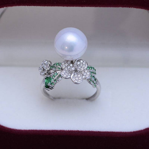 11-12mm Freshwater Pearl & Floral Green CZ Ring - House Of Pearls